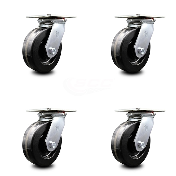 6 Inch Heavy Duty Phenolic Caster Set with Ball Bearings, 4PK
